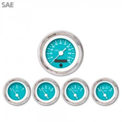 5 Gauge Set - SAE Marker Aqua, White Vintage Needles, Chrome Trim Rings - Part Number: GAR137ZEXQABAD