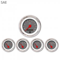 5 Gauge Set - SAE Pegged Dark Grnay, Red Modern Needles, Chrome Trim Rings - Part Number: GAR152ZEXQABCE