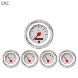 5 Gauge Set - SAE Pegged Ash, Red Modern Needles, Chrome Trim Rings - Part Number: GAR154ZEXQABCE