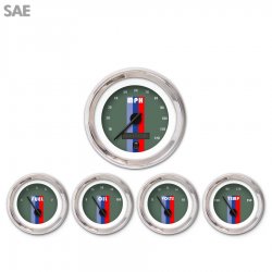 5 Gauge Set - SAE Vintage Autobahn Ash, Black Modern Needles, Chrome Trim Rings - Part Number: GAR168ZEXQABCC