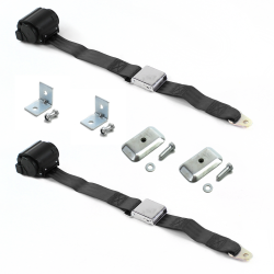 Camaro 1967 - 1969 Airplane 2pt Black Retractable Bucket Seat Belt Kit w/ Bracketry - 2 Belts - Part Number: STBD5B6F